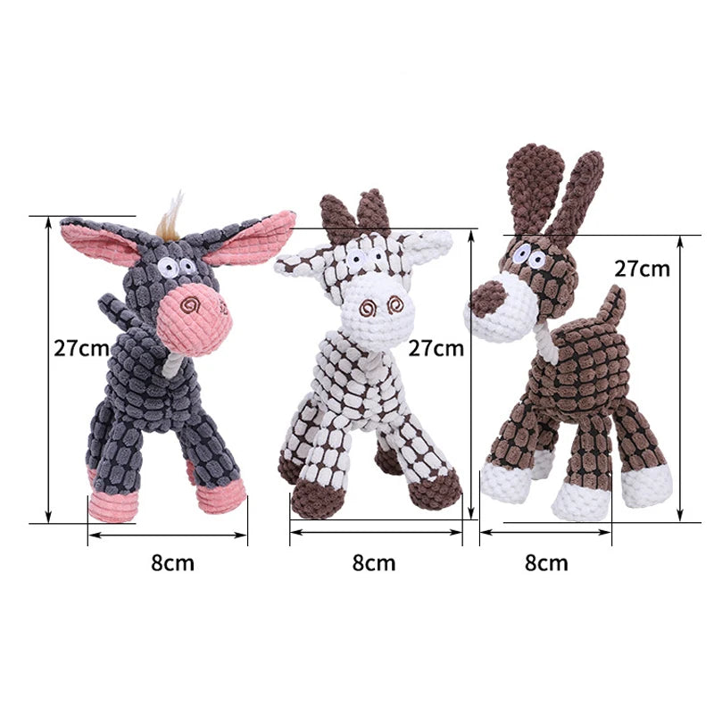 Three plush animal dog toys with textured fabric, 27cm tall and 8cm wide, displayed for size.