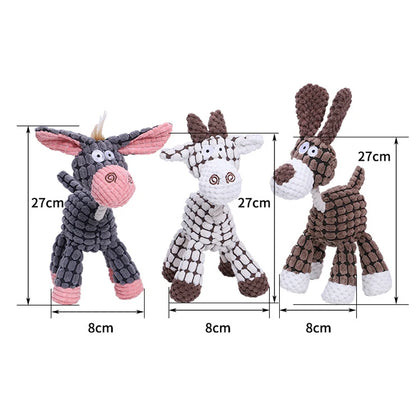 Three plush animal dog toys with textured fabric, 27cm tall and 8cm wide, displayed for size.