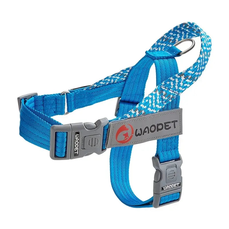 Blue no pull dog harness with reflective rope design, durable nylon, quick-release buckle, for medium to large dogs