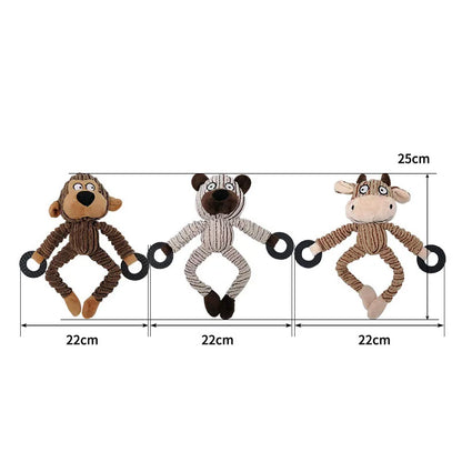 Three plush animal dog chew toys with ring handles, 25cm tall, 22cm wide each.