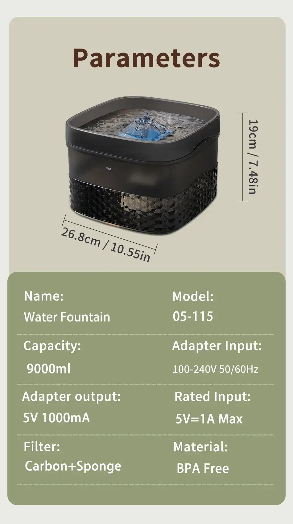 large capacity pet water fountain 9000ml ultra-quiet pet water dispenser for multiple cats and dogs, BPA-free
