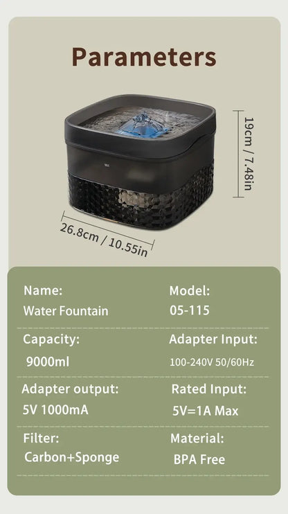large capacity pet water fountain 9000ml ultra-quiet pet water dispenser for multiple cats and dogs, BPA-free