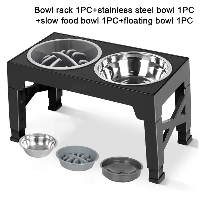 adjustable elevated dog feeder black raised stand with slow food bowl and stainless steel water bowl for large and medium dogs