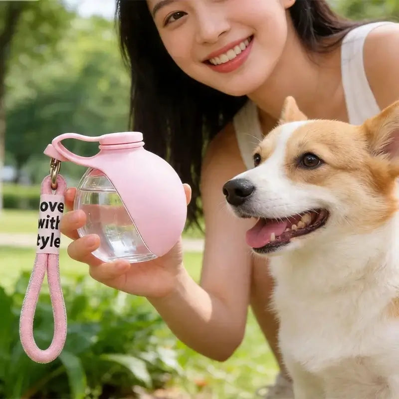 Portable dog water bottle with lanyard for outdoor travel, leak-proof pet drinking fountain for dogs and cats
