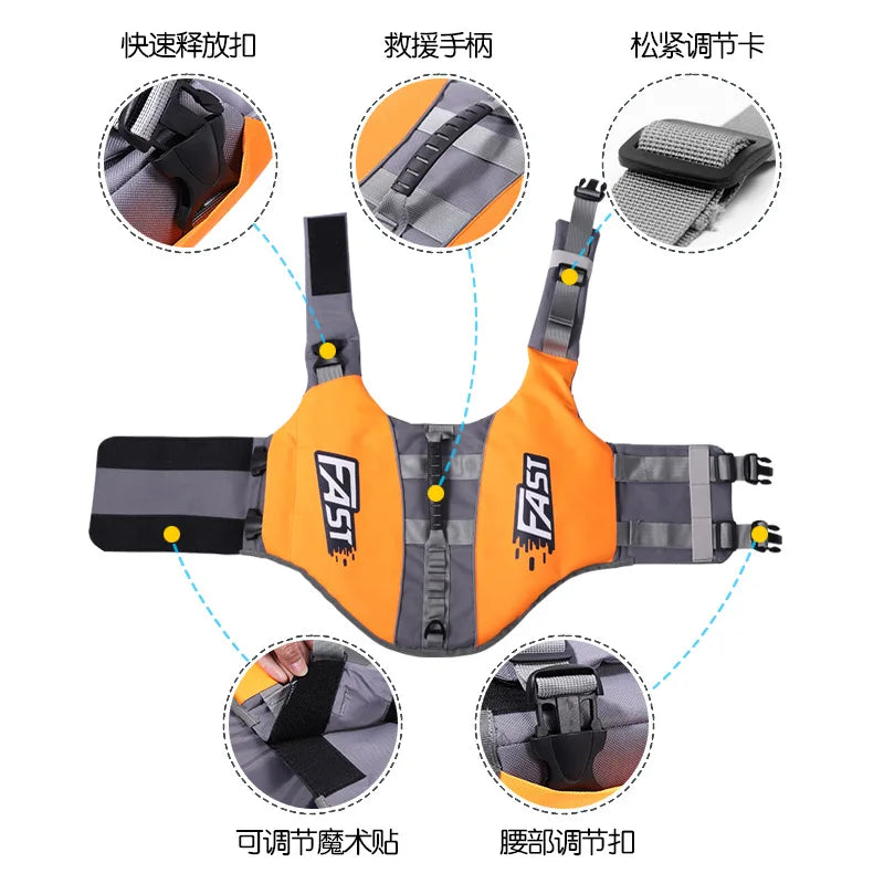 Orange and gray dog life jacket with reflective straps, adjustable buckles, and quick-release safety features for swimming