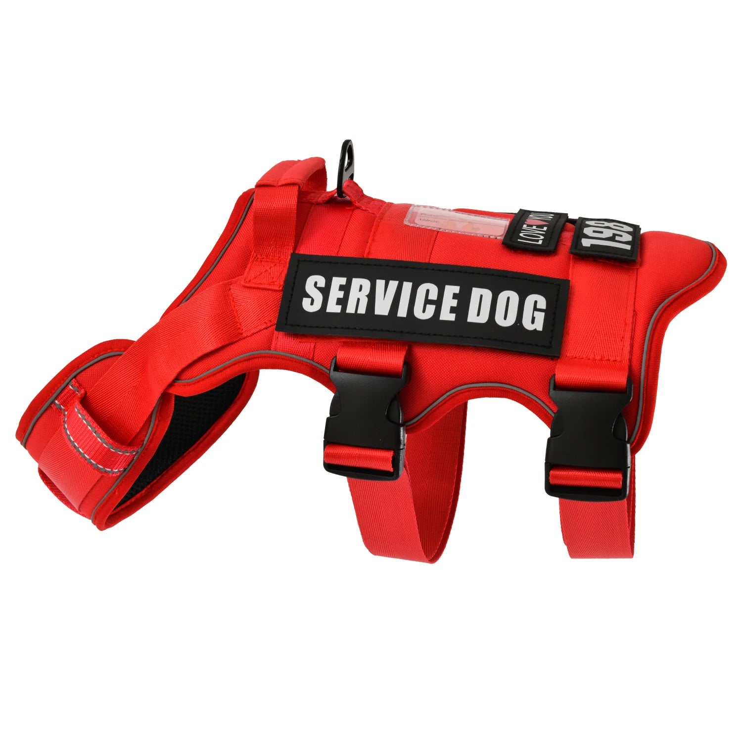 Red service dog harness with bold label and adjustable straps, durable pet accessory