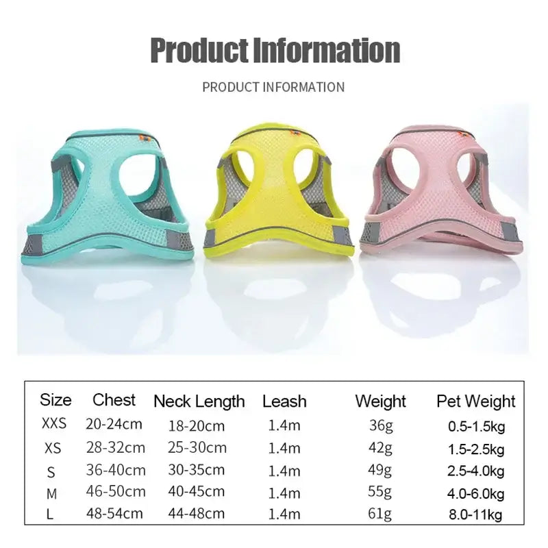 adjustable reflective dog harness vest for small medium dogs, breathable colorful pet harness with size chart
