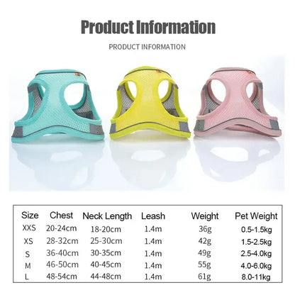 adjustable reflective dog harness vest for small medium dogs, breathable colorful pet harness with size chart