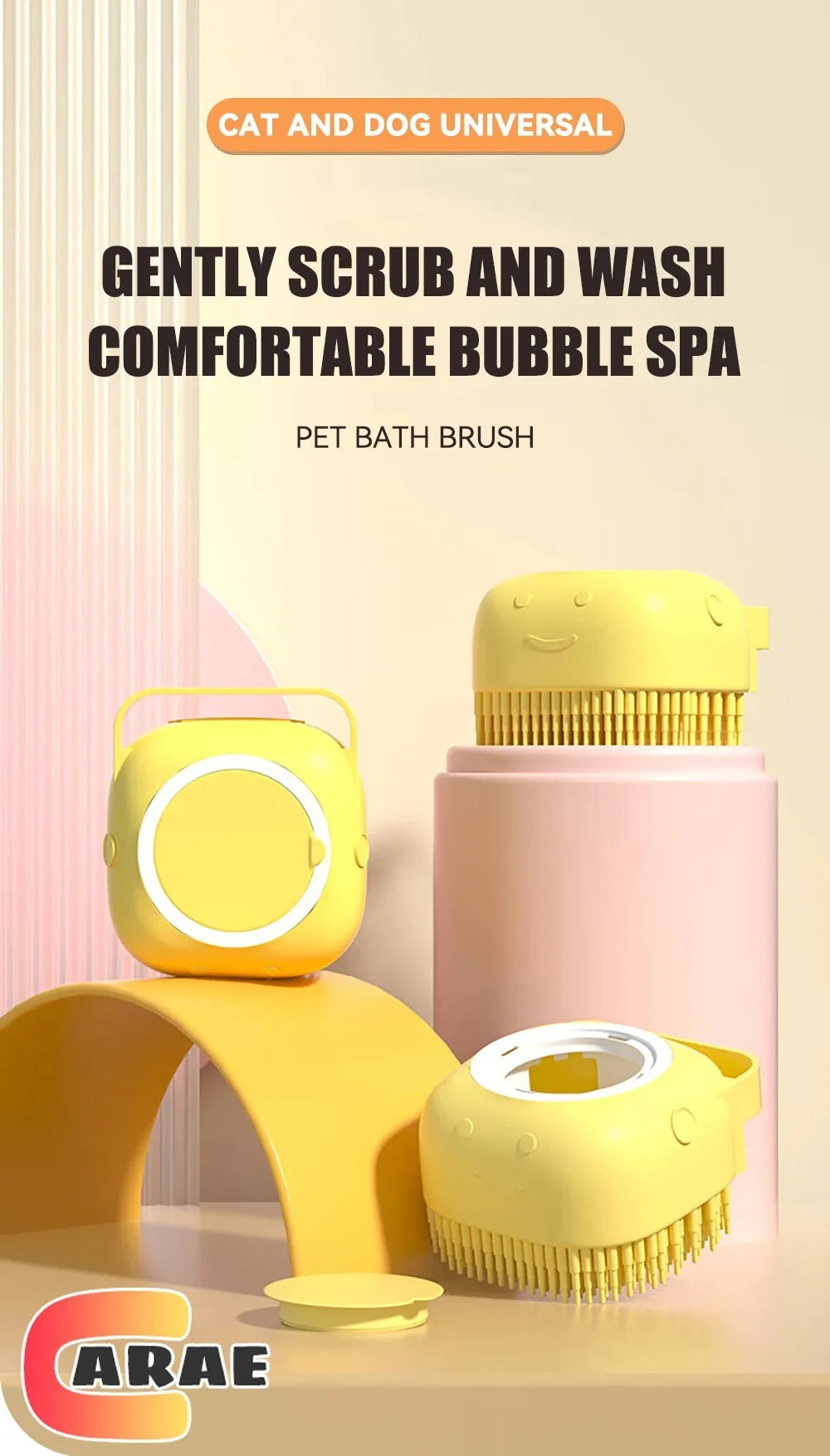 dog bathing brush with shampoo dispenser for cats and dogs, gentle scrub and wash pet bath brush