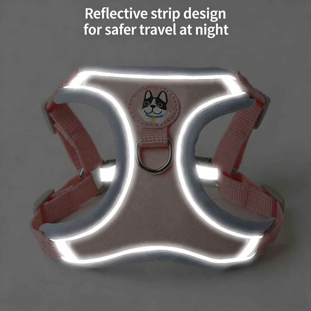 Adjustable small dog harness leash set reflective pink pet harness with safety strip design for night walking