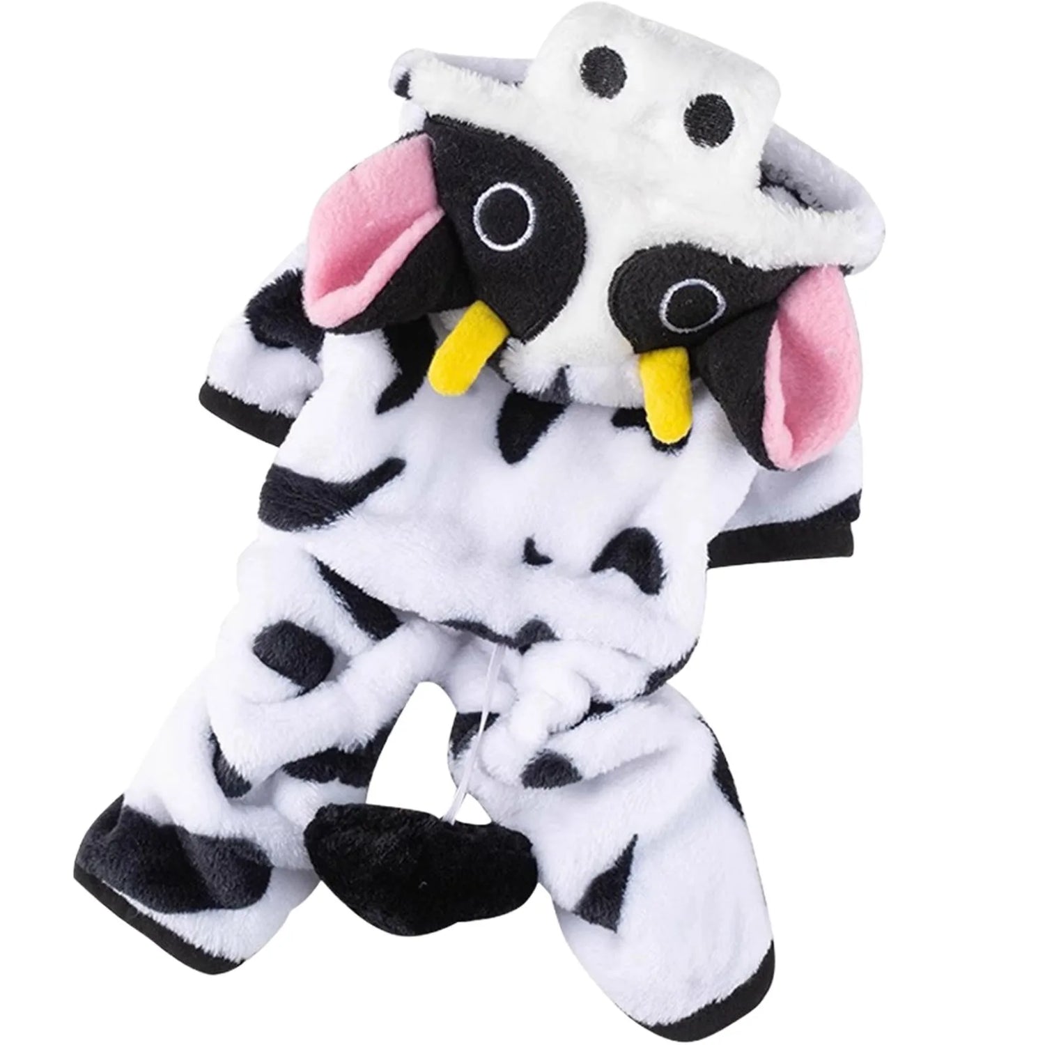 Plush dog costume with black and white cow print, yellow horns, and pink ears