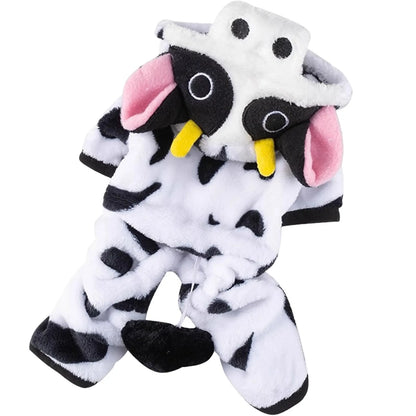 Plush dog costume with black and white cow print, yellow horns, and pink ears