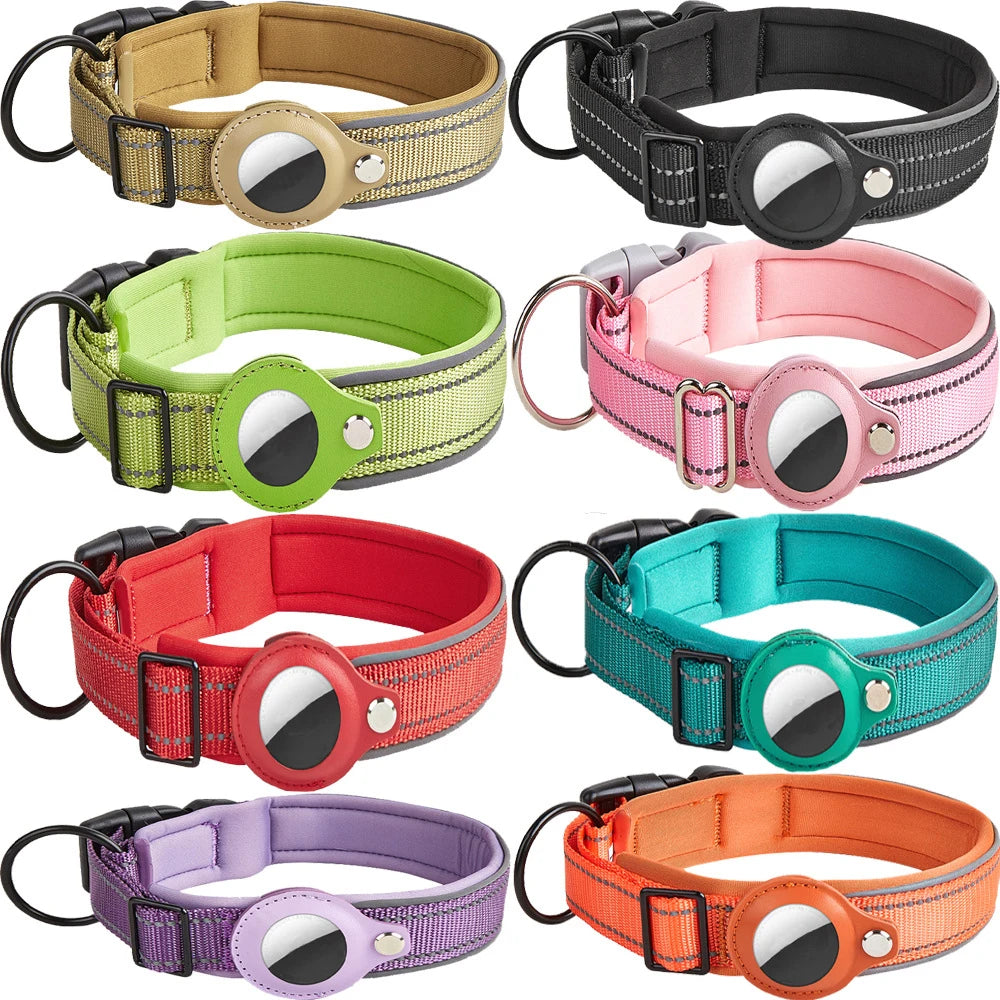 Colorful dog collars with round trackers, reflective stitching, and durable buckles.