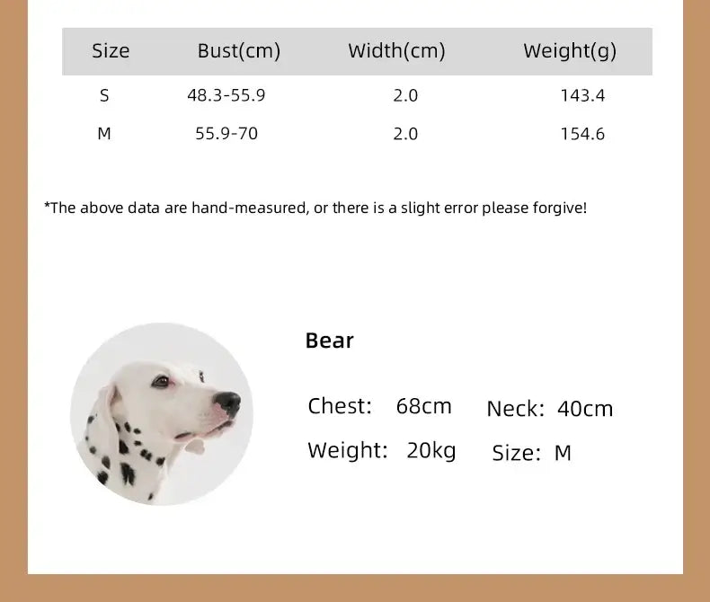 cooling no pull dog harness size chart for medium dogs, bust, width, and weight details