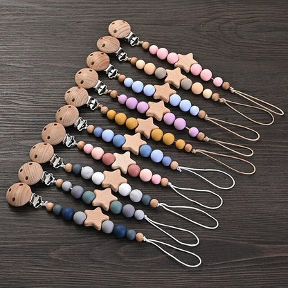 wooden pacifier clip teether with wooden beads and star teether for baby soother and chew toy gift