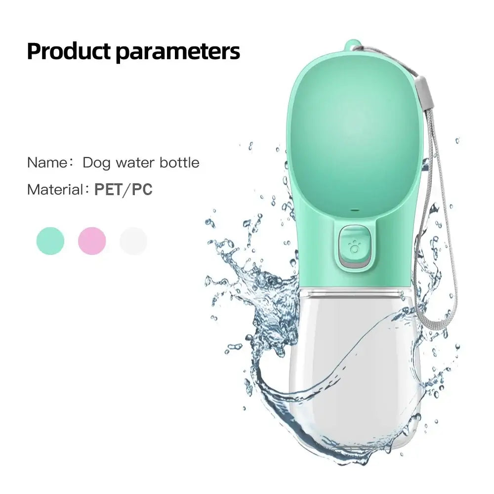 Leakproof dog water bottle for pets, portable outdoor travel drinking container with PET/PC material and splash-proof design.