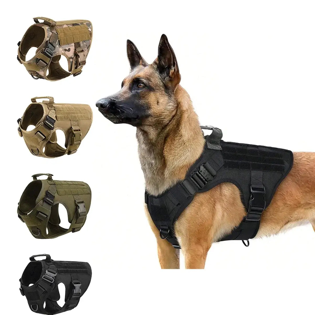 military tactical dog harness for large German Shepherd and Malinois, padded adjustable nylon vest with quick release buckle