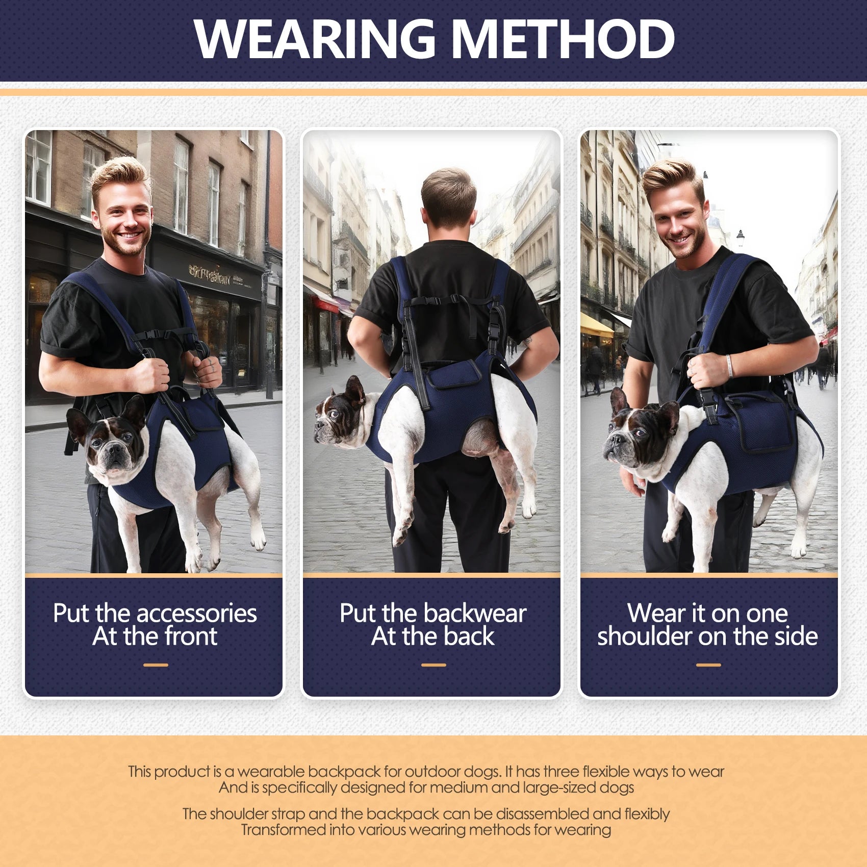 Dog backpack carrier worn three ways: front, back, or one shoulder for medium and large dogs