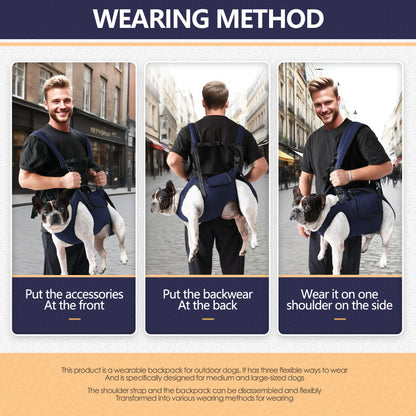 Dog backpack carrier worn three ways: front, back, or one shoulder for medium and large dogs