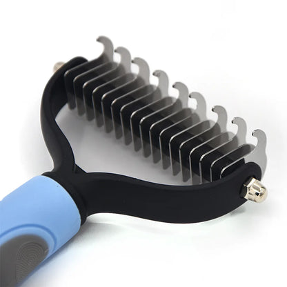 dog deshedding brush with stainless steel blades for removing loose pet fur and knots, grooming dogs and cats
