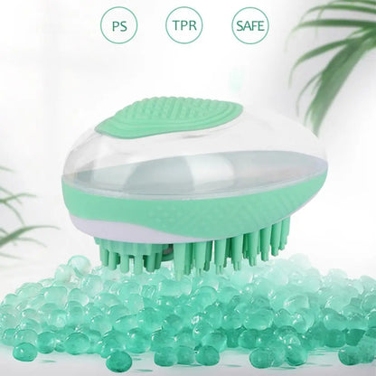 Shampoo dispenser dog bath brush with soft silicone bristles, quiet portable 2-in-1 pet grooming comb for dogs and cats