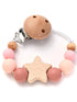 wooden pacifier clip teether with Color 3 wood pentagram, round silicone beads, and baby chew toy for 0-24 months