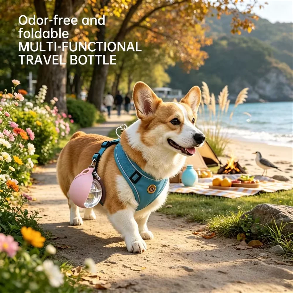 portable pet water bottle for dogs, leak-proof foldable travel dispenser on a corgi at the beach