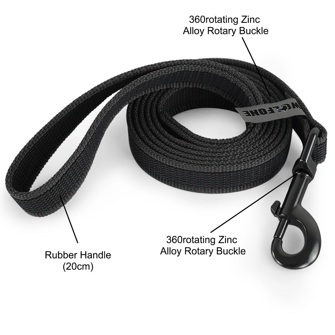long dog training leash with rubber handle and 360 rotating zinc alloy buckle for easy dog training