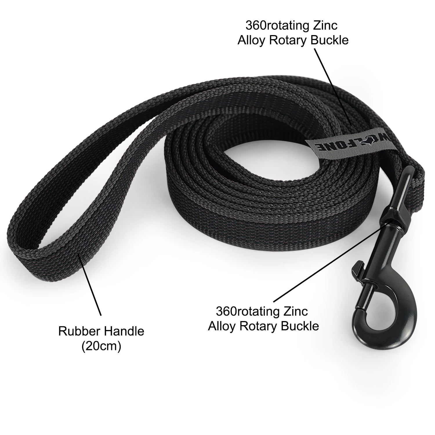 long dog training leash with rubber handle and 360 rotating zinc alloy buckle for easy dog training