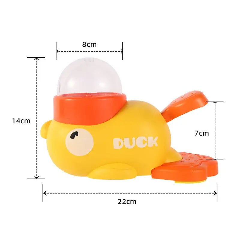 Yellow duck automatic pet feeder for cats and dogs interactive plastic dispenser with 22cm size, 14cm tall, 8cm top, 7cm tail