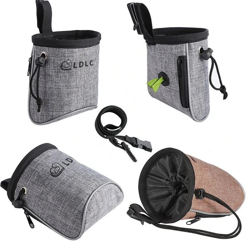 Dog treat training pouches with drawstring closure, zipper pocket, and belt clip.
