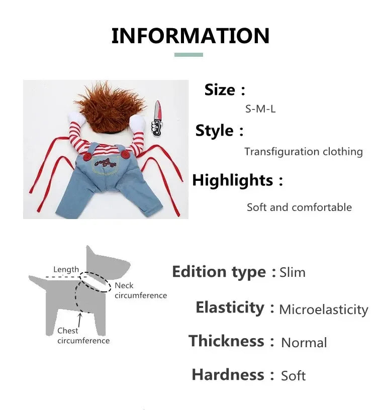 Funny dog costume with striped shirt, blue overalls, red hair wig, and toy knife, size info shown