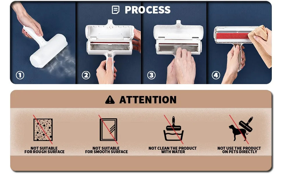 Self-cleaning pet hair remover roller process guide for furniture and upholstery, not for rough or smooth surfaces