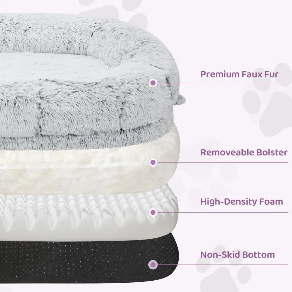 human dog bed for adults with premium faux fur, removable bolster, high-density foam, and non-skid bottom