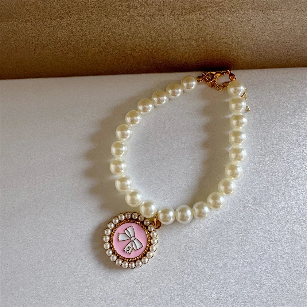 pet pearl necklace collar luxury pearl cat and dog necklace with pink charm, gold buckle, color 3