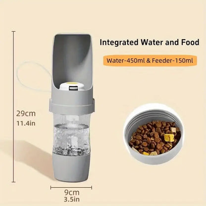 portable dog water bottle with integrated water and food dispenser for outdoor walks, hiking, and travel