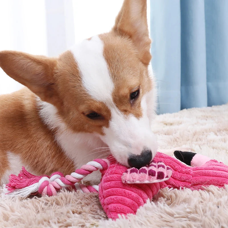 Corgi chewing pink corduroy squeaky dog toy, bite-resistant plush animal shape toy for small and large dogs