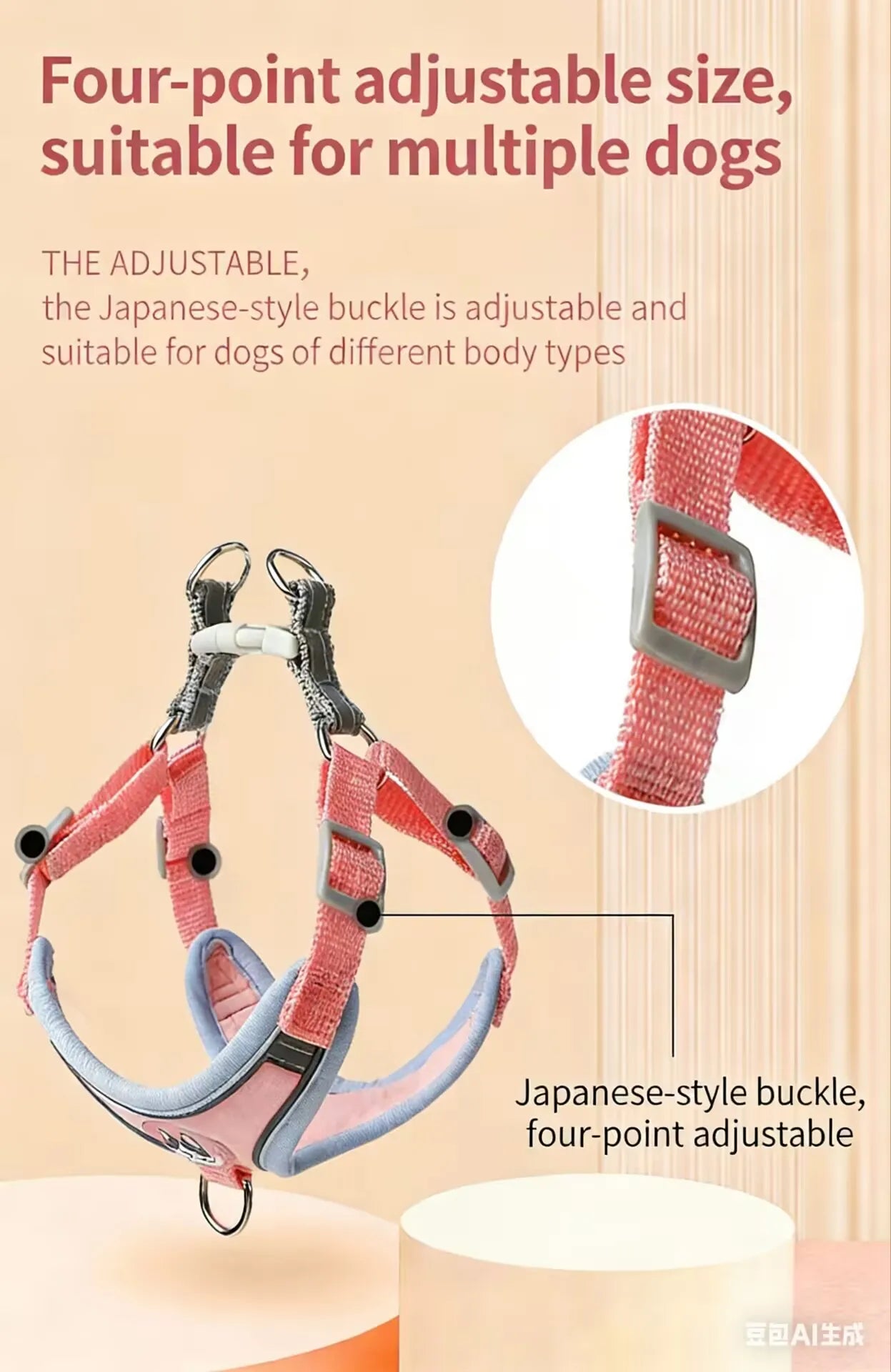 adjustable small dog harness leash set, four-point adjustable breathable harness with Japanese-style buckle for small dogs