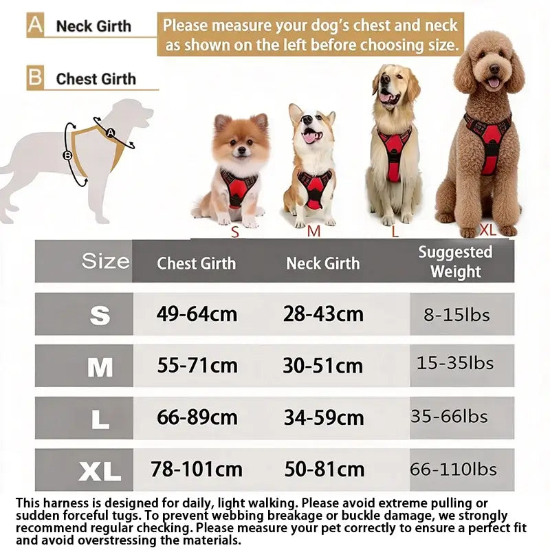 No pull dog harness size chart for medium to large dogs with reflective vest, front clip, and adjustable fit
