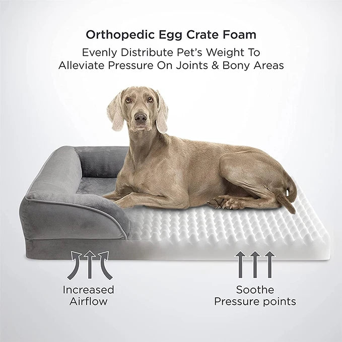 Orthopedic dog sofa bed with egg crate foam, washable removable cover, and pressure-relief support for all seasons