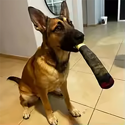German Shepherd dog playing with a cigar dog toy plush squeaky chew toy indoors