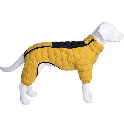 Yellow and black padded dog winter jacket on white dog mannequin