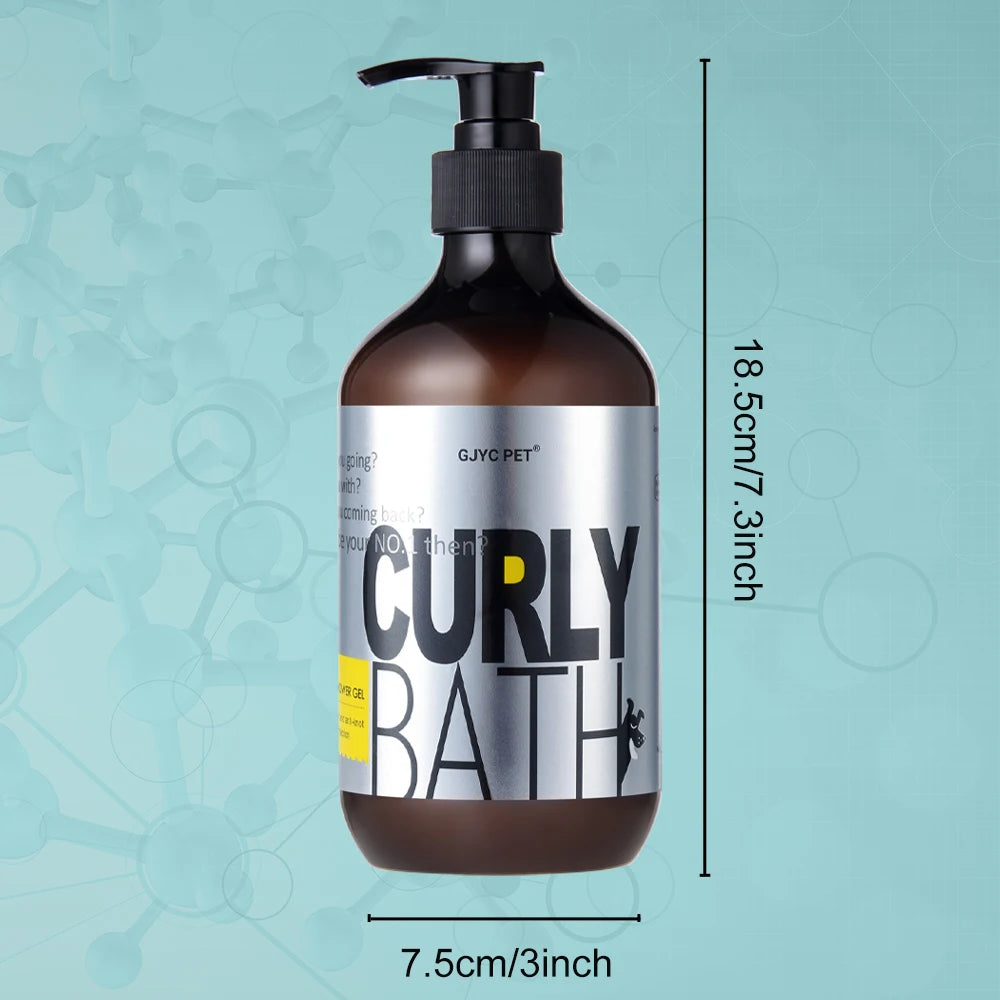 Curly Bath dog shampoo bottle with pump dispenser, 18.5cm tall, 7.5cm wide, on blue backdrop