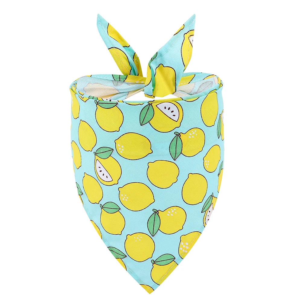 Blue dog bandana with yellow lemon print, fun pet accessory for dogs