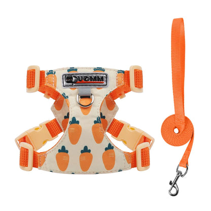 puppy print dog harness and leash set, orange carrot print adjustable padded vest with buckle, no-pull small dog walking gear
