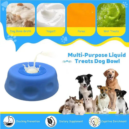 Blue slow feeder dog bowl for liquid treats, anti-overflow anti-slip design for healthy, calm eating