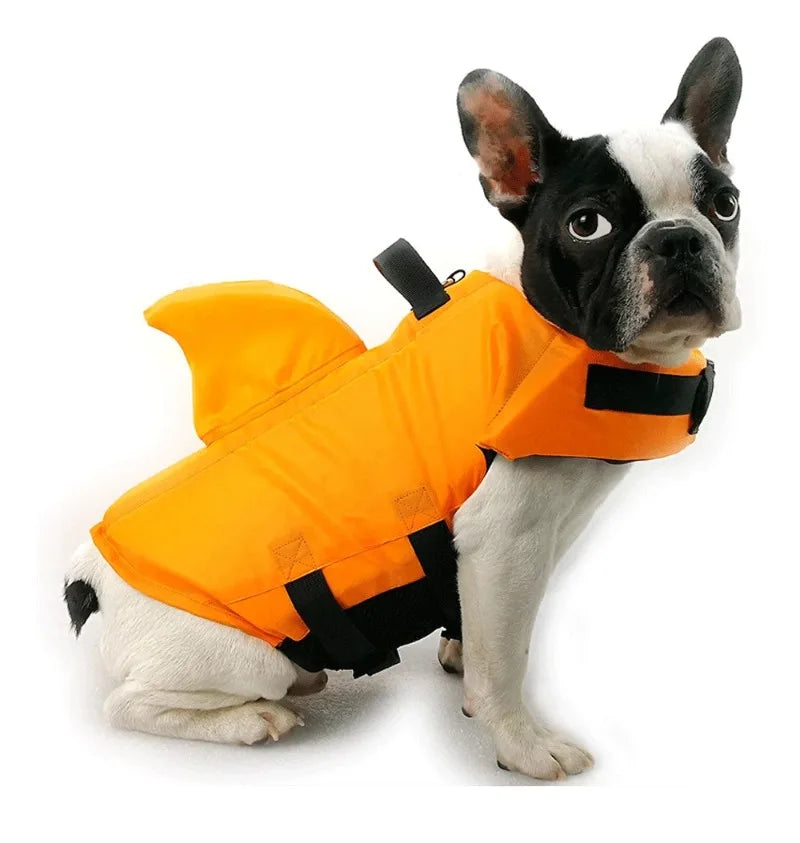 small dog shark fin life jacket for dogs, orange safety vest with handle and enhanced buoyancy for swimming