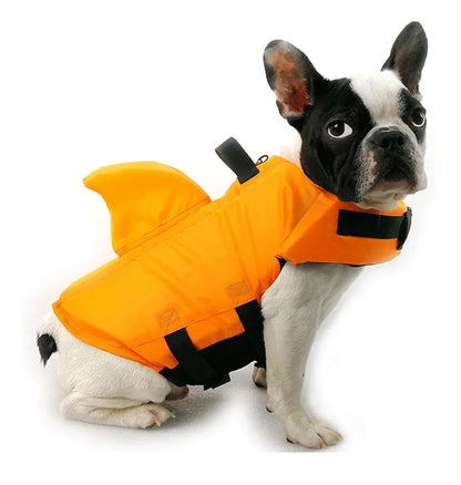 small dog shark fin life jacket for dogs, orange safety vest with handle and enhanced buoyancy for swimming