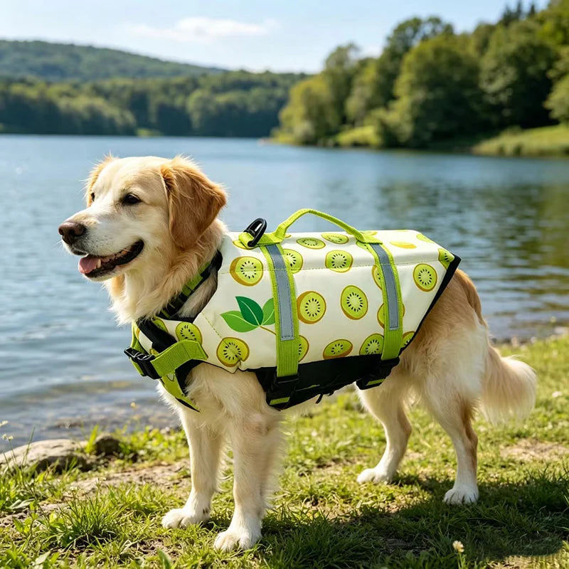 Reflective adjustable dog life jacket for large dogs, enhanced buoyancy swimwear safety vest by the lake
