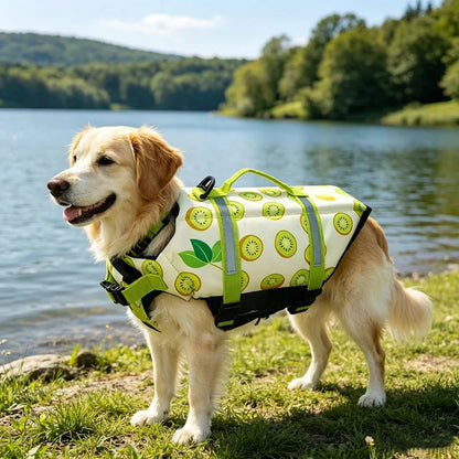 Reflective adjustable dog life jacket for large dogs, enhanced buoyancy swimwear safety vest by the lake